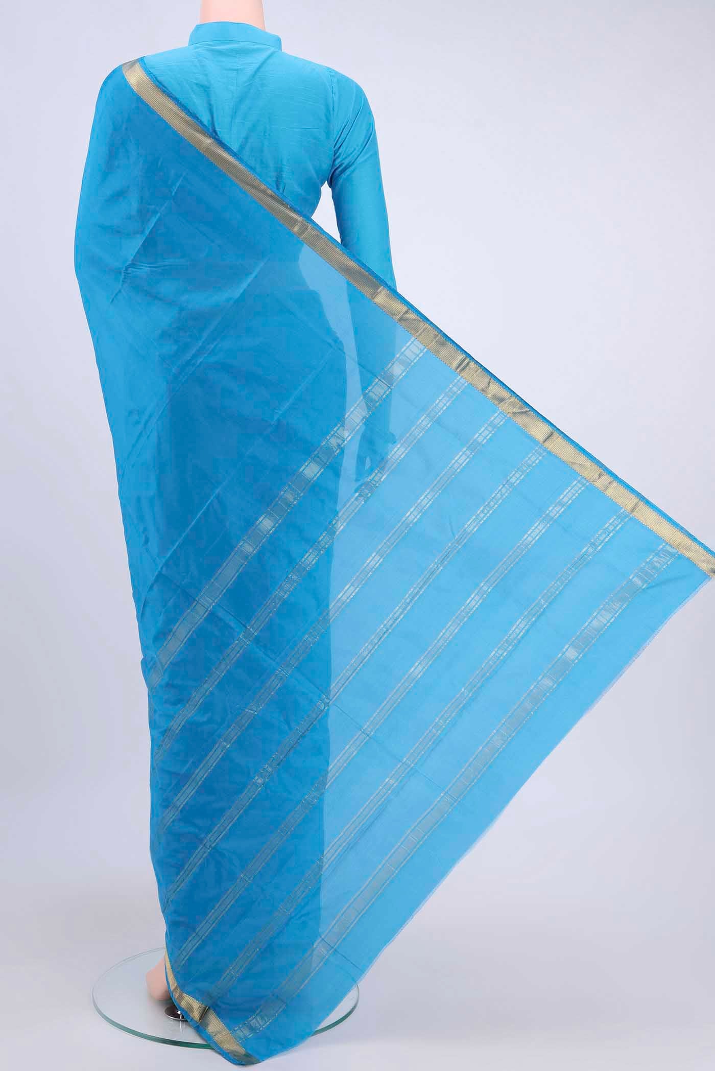 Flat view of Blue Blended Bangalore Silk Saree with Plain Body and Zari Border