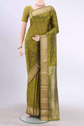 Mehandi Green Blended Bangalore Silk Saree with Zari Butta on the body and Zari Border displayed on a mannequin