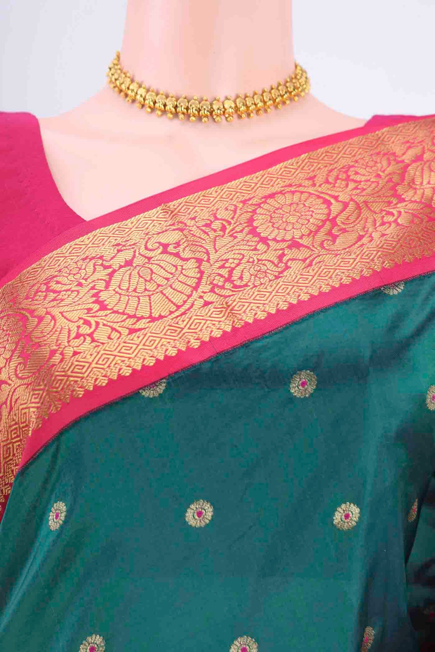Border image of Bottle Green Blended Bangalore Silk Saree with Zari And Thread Butta on the body and Zari Border