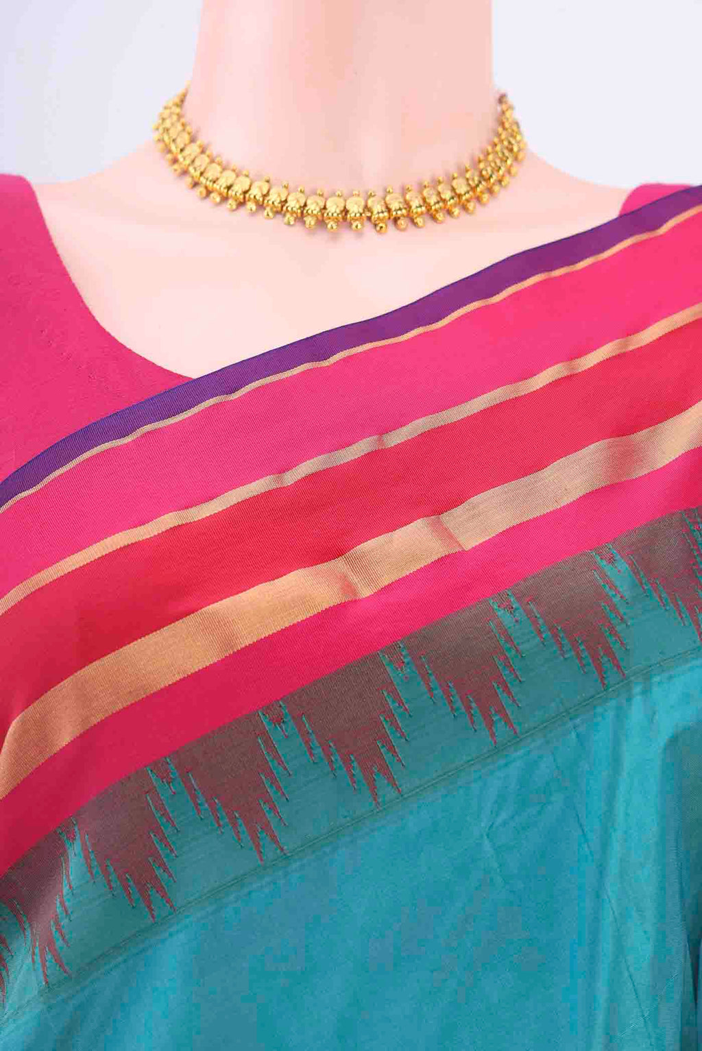 Border image of Blue Blended Bangalore Silk Saree with Zari Butta on the body and Temple Border