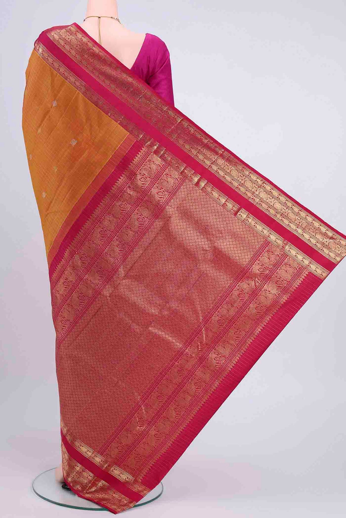 Flat view of Mustard Kanchipuram Saree with Checked design on the body and Zari Border