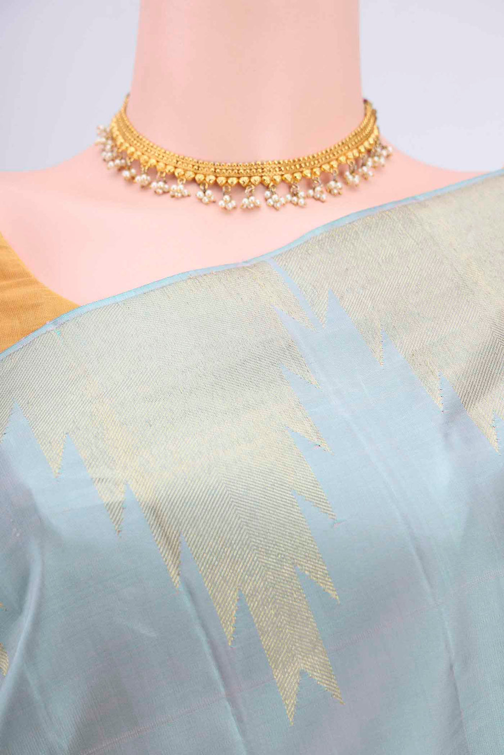 Border image of Sky Blue Kanchipuram Saree with Plain Body and Temple Border