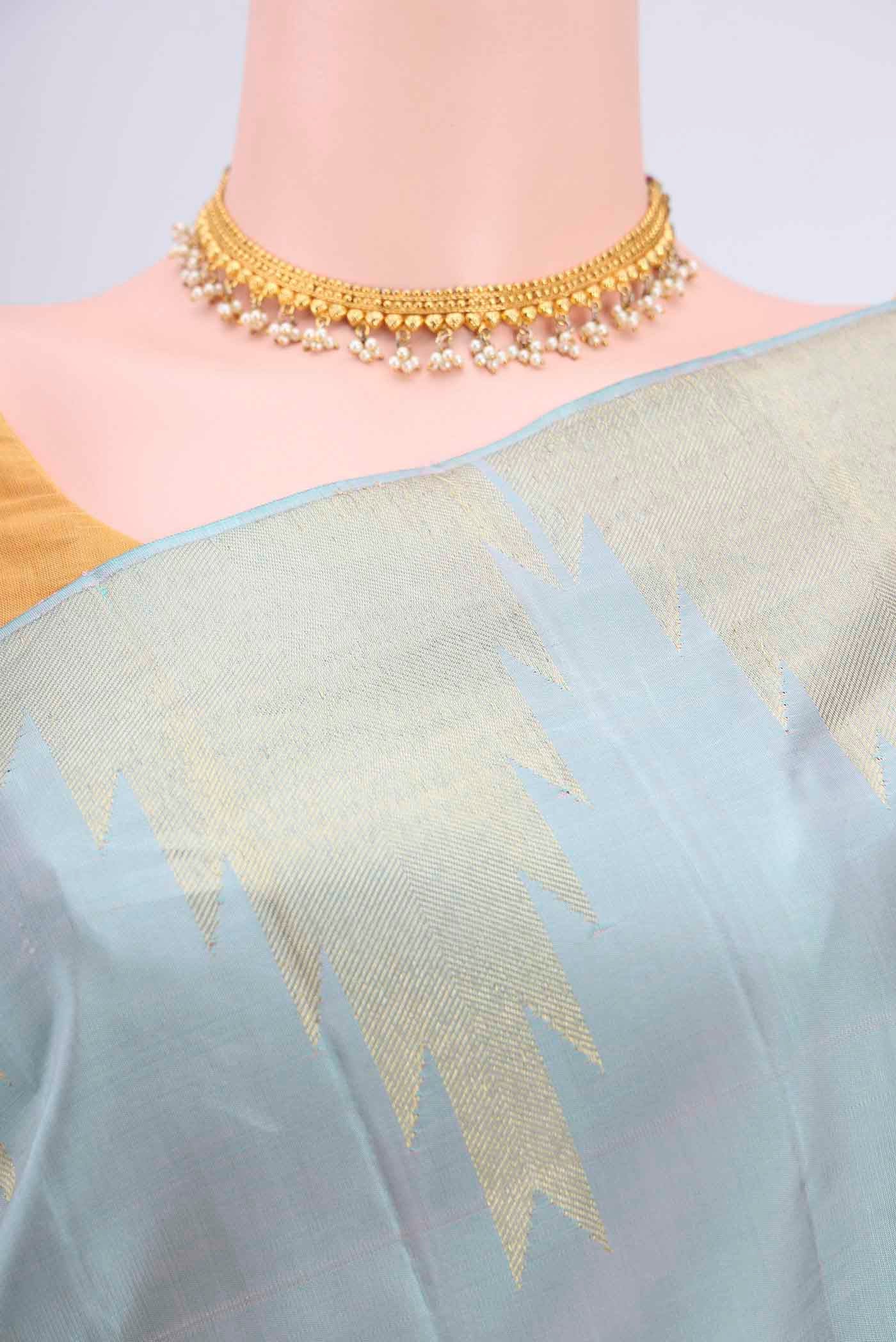 Border image of Sky Blue Kanchipuram Saree with Plain Body and Temple Border