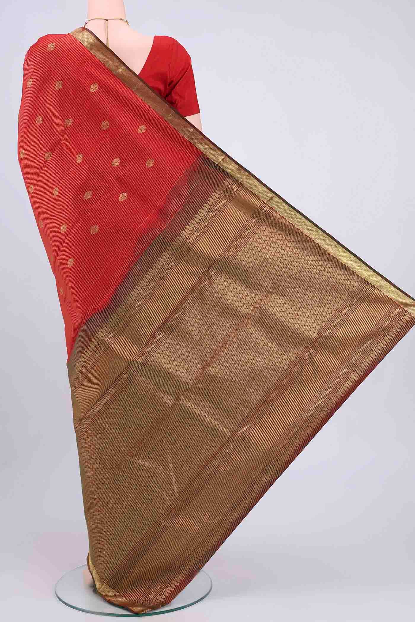 Flat view of Imperial Red Kanchipuram Saree with Stripes on the body and Zari Border