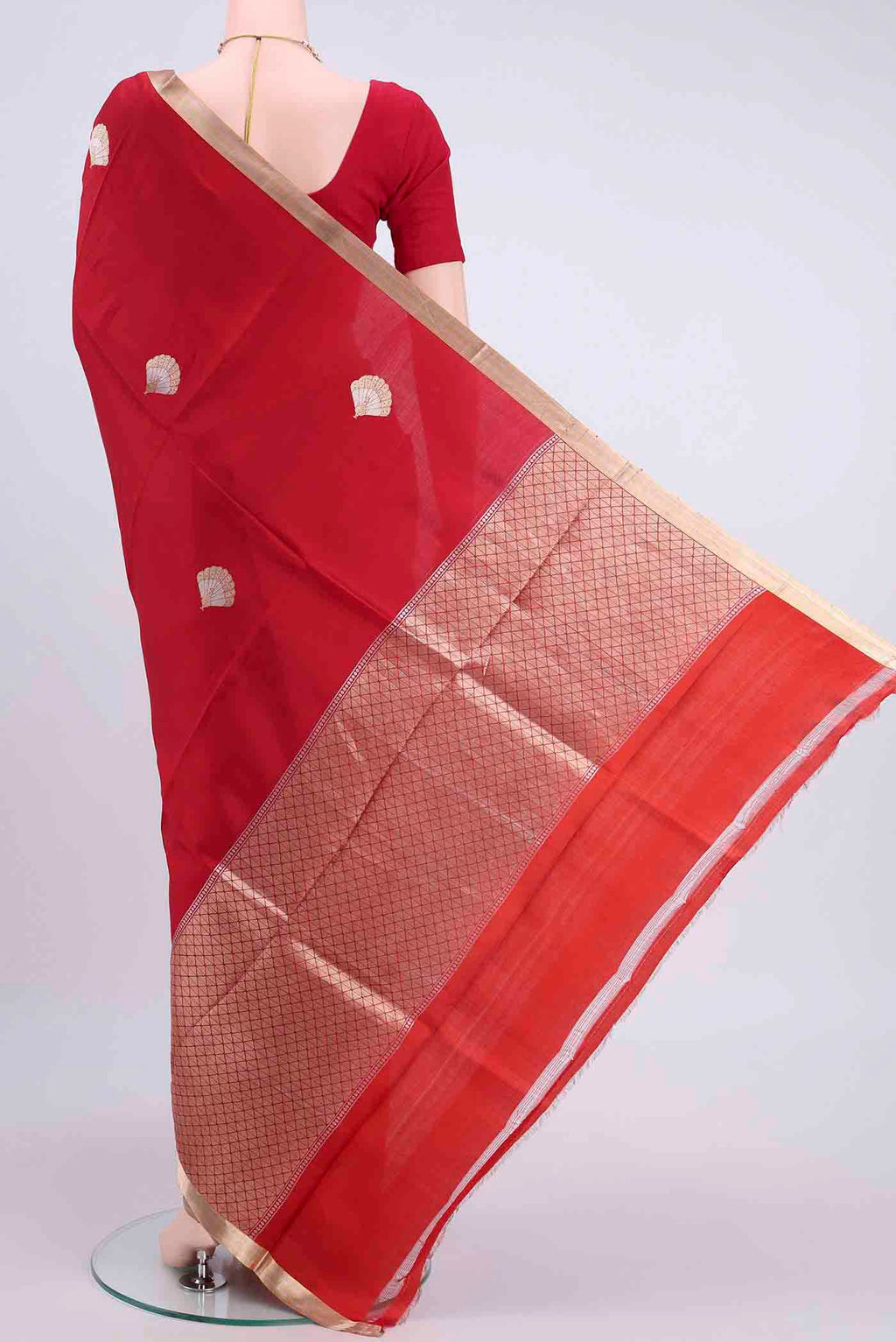 Flat view of Red Banarasi Silk Saree with Zari Butta on the body and Zari Border