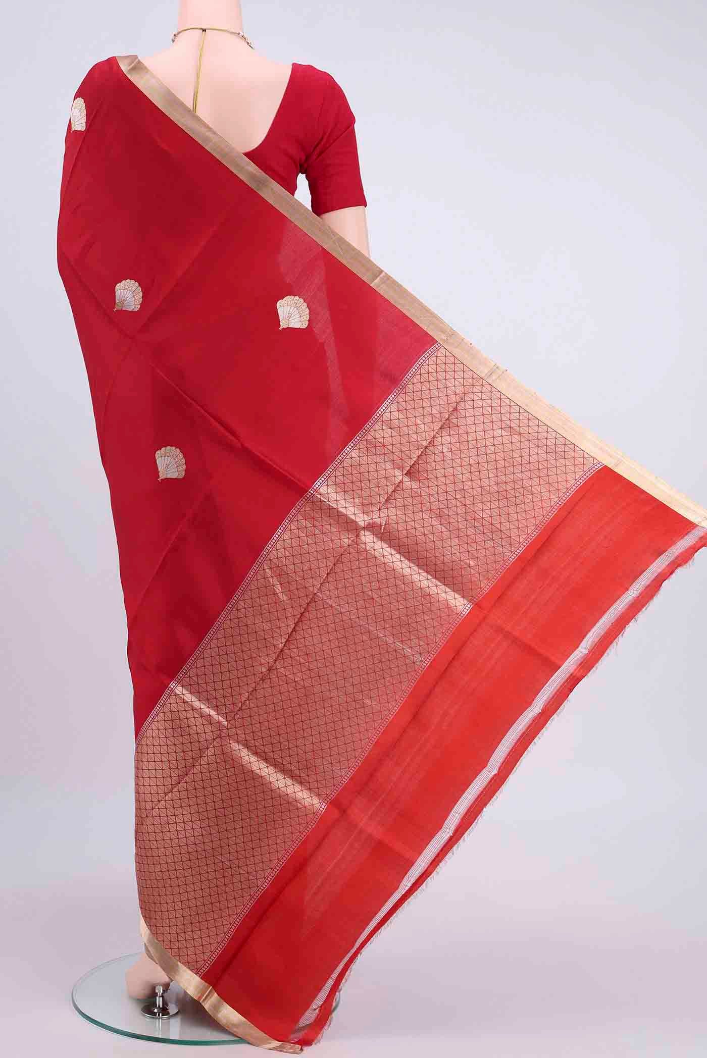 Flat view of Red Banarasi Silk Saree with Zari Butta on the body and Zari Border