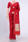 Red Banarasi Silk Saree with Zari Butta on the body and Satin Border displayed on a mannequin