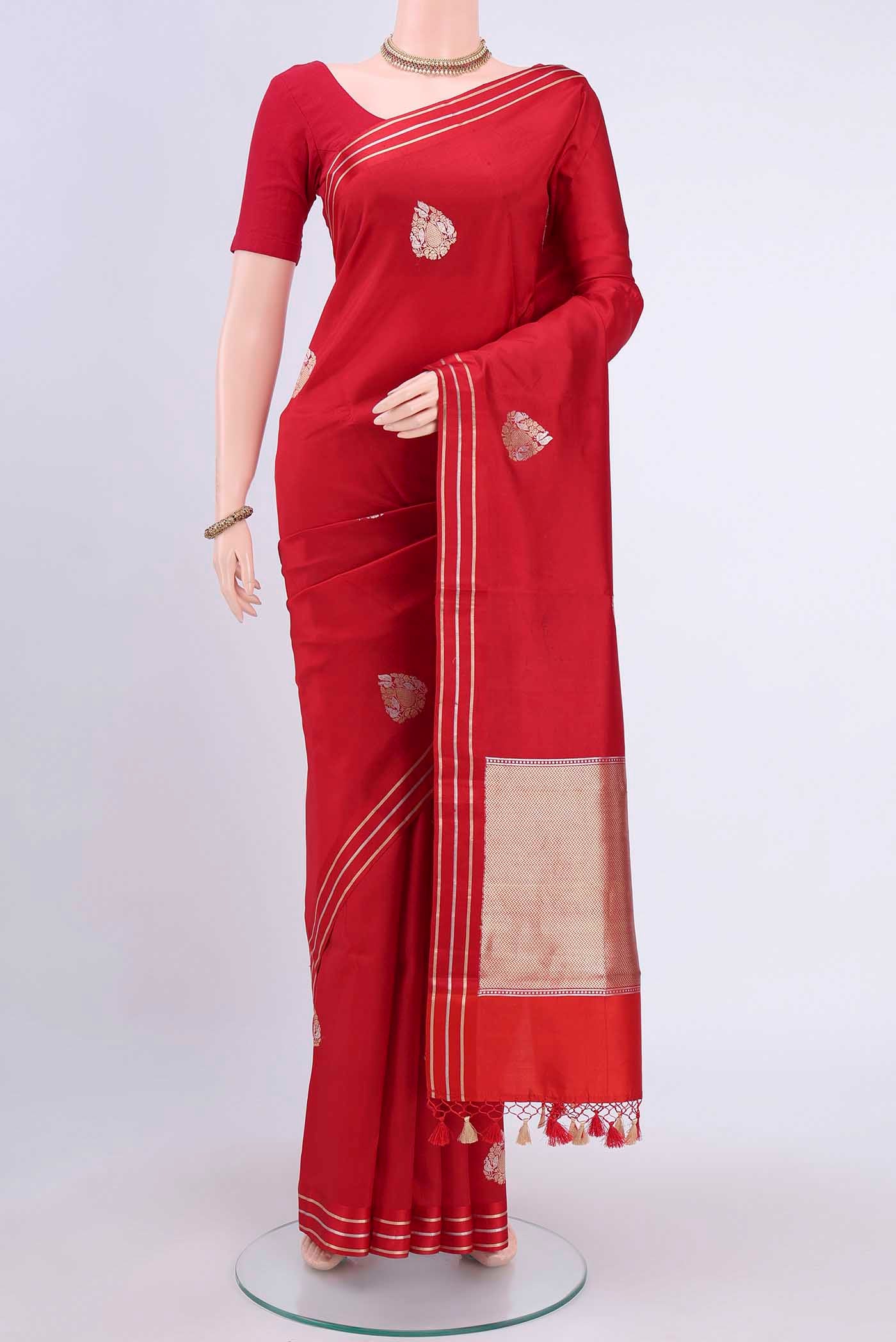 Red Banarasi Silk Saree with Zari Butta on the body and Satin Border displayed on a mannequin