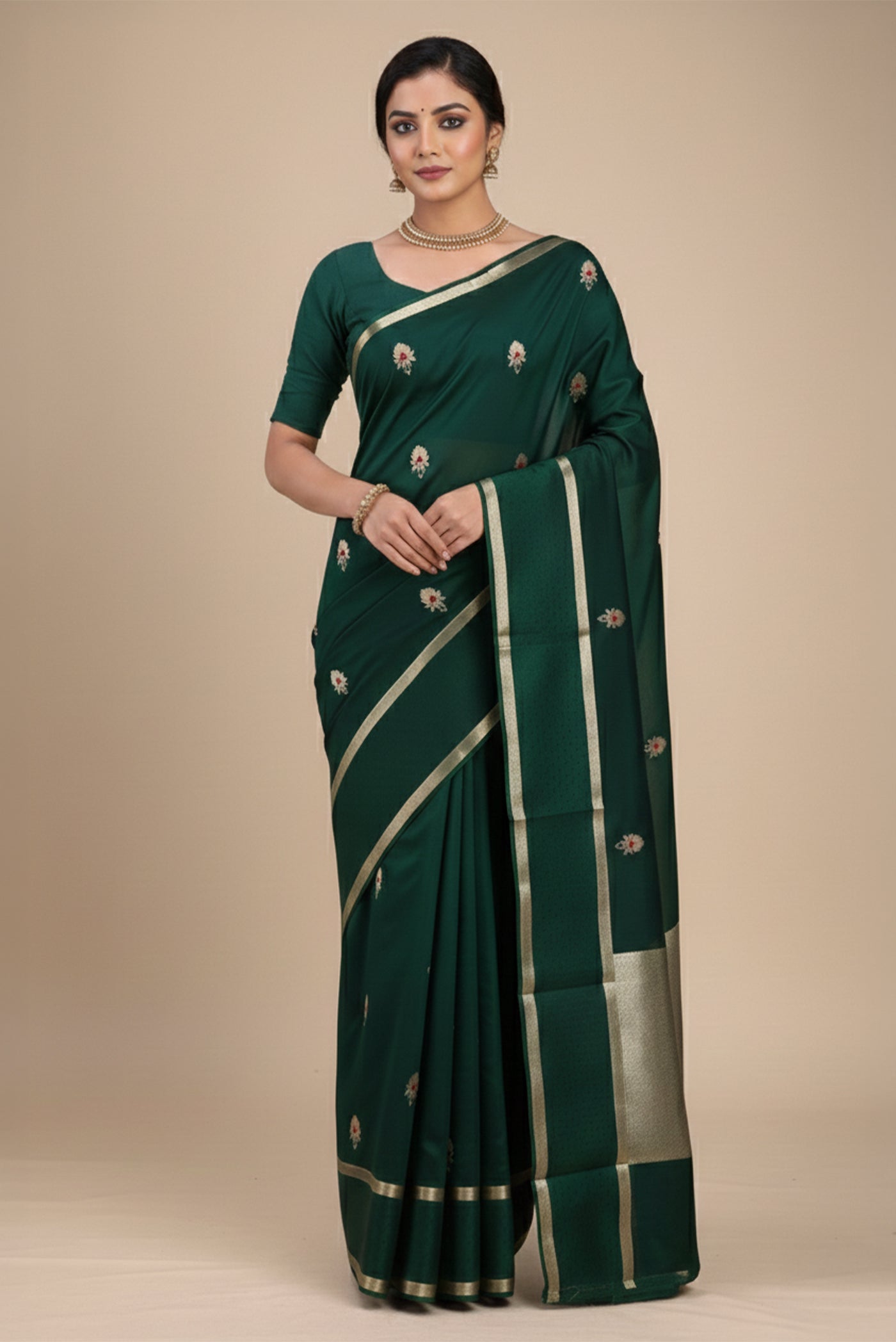 Model wearing a Bottle Green Banarasi Silk Saree with Zari Butta on the body and Satin Border