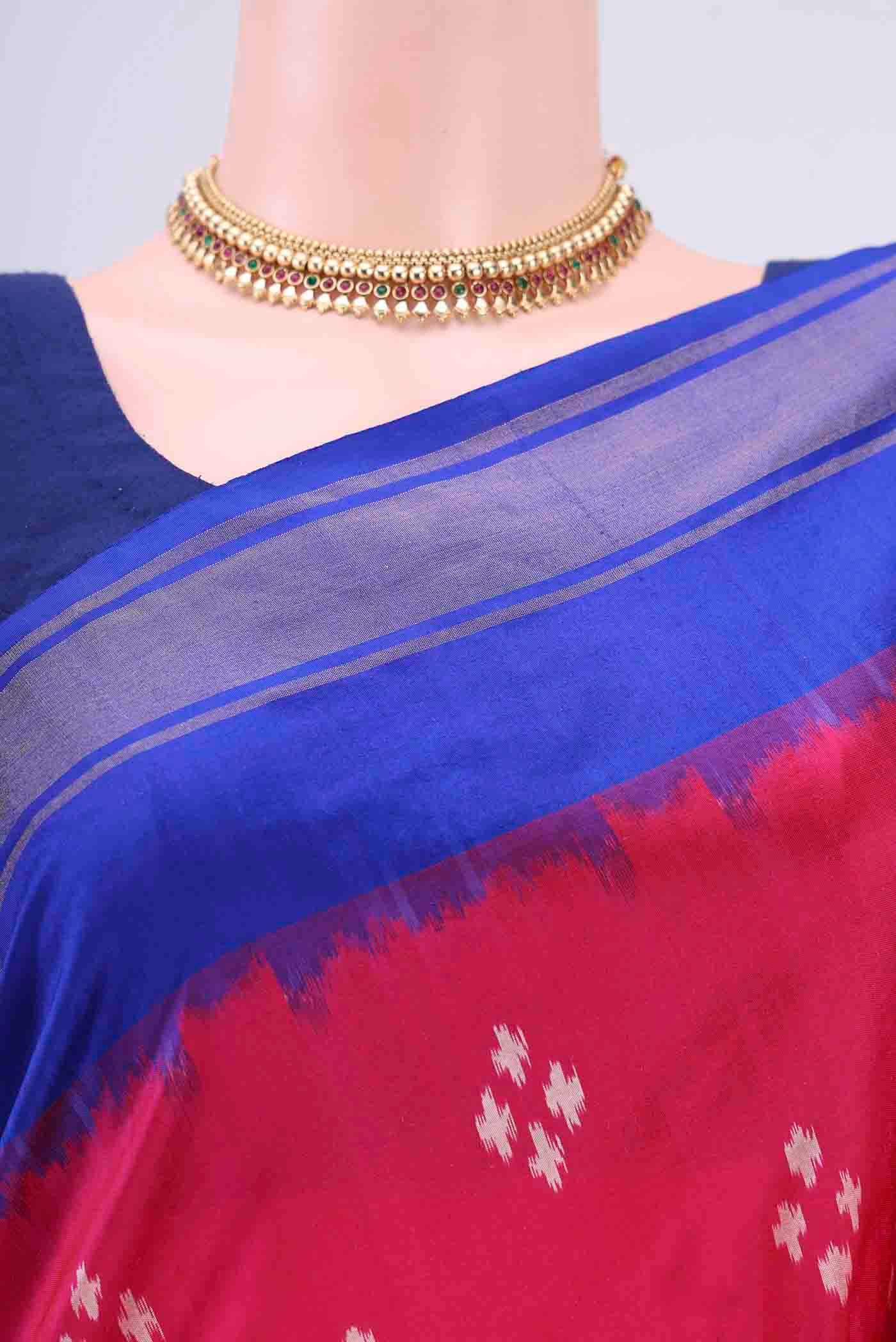 Border image of Pink Pochampally Silk Saree with Pure Ikat on the body and Temple Border