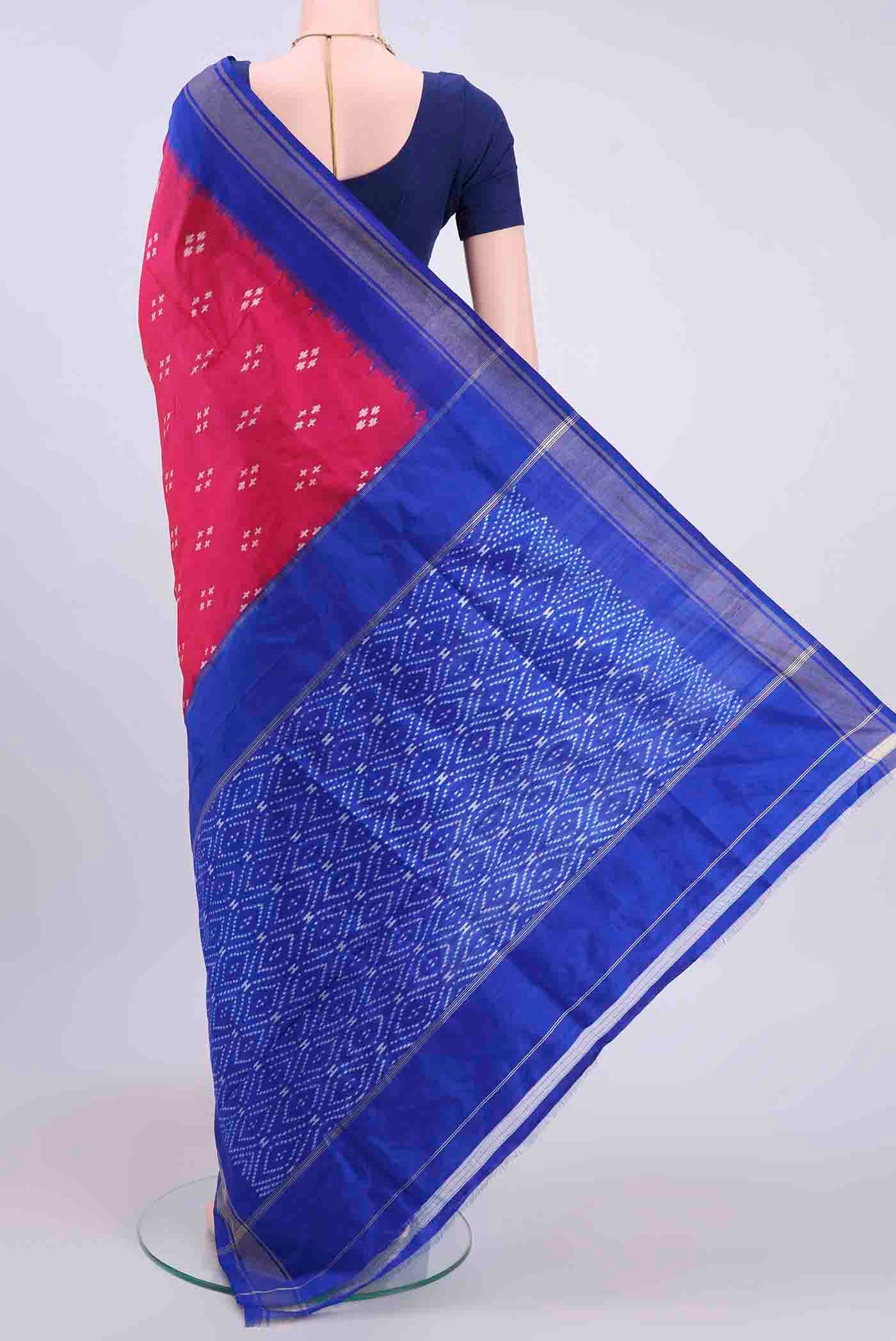 Flat view of Pink Pochampally Silk Saree with Pure Ikat on the body and Temple Border