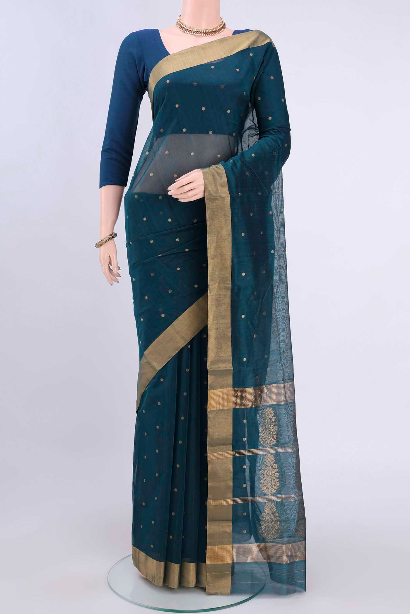 Blue Chanderi Silk Cotton Saree with Zari Butta on the body and Zari Border displayed on a mannequin