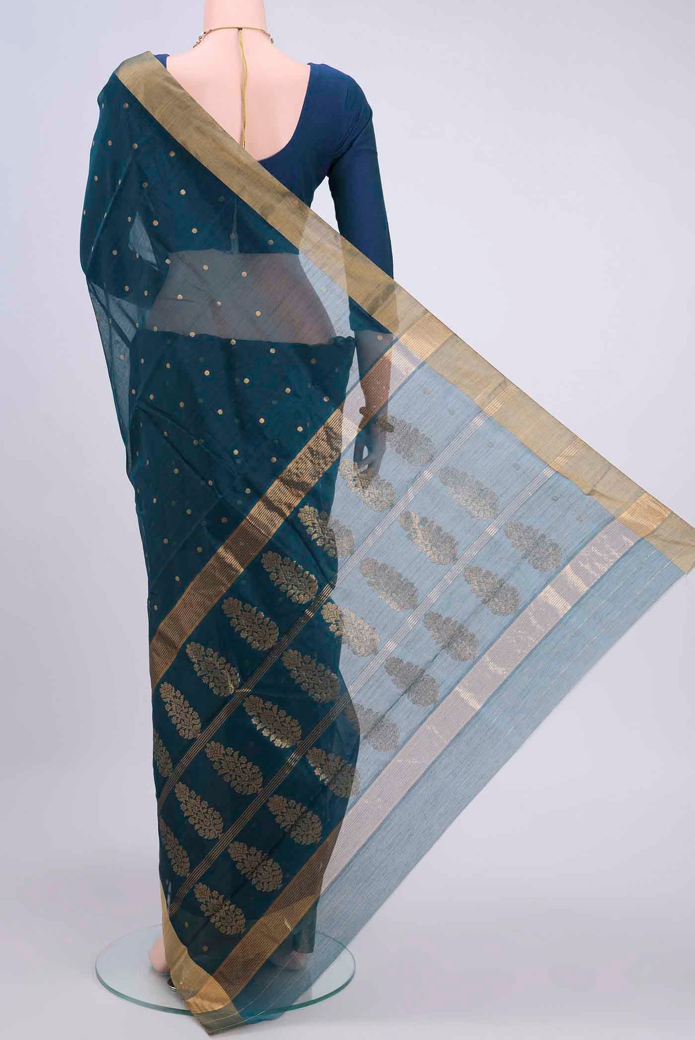 Flat view of Blue Chanderi Silk Cotton Saree with Zari Butta on the body and Zari Border