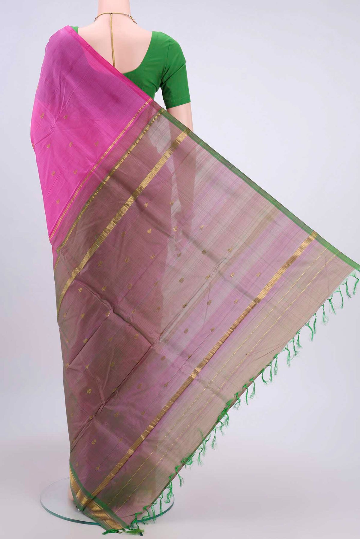 Flat view of Pink Kanchipuram Silk Saree with Thread Butta on the body and Zari Border