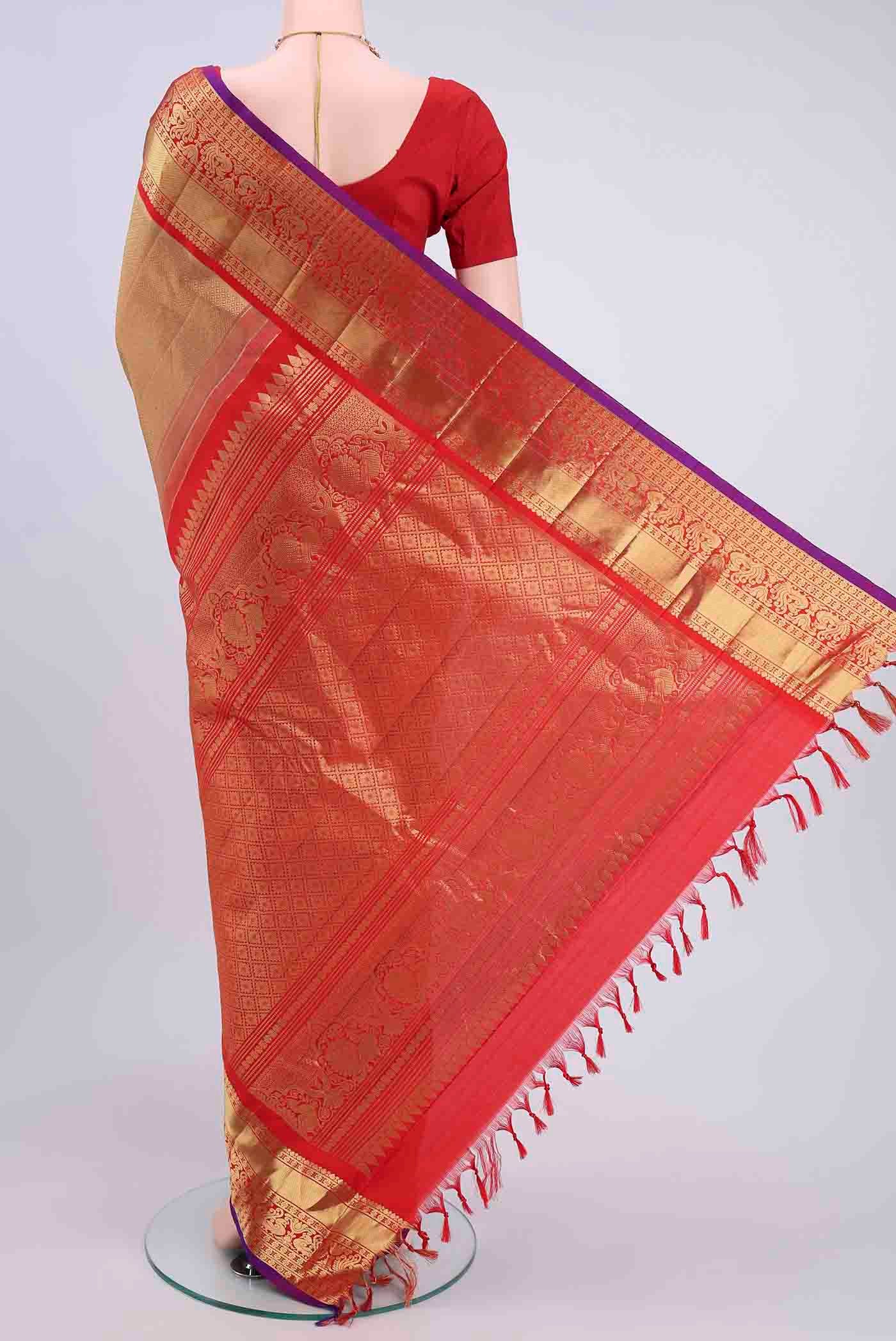 Flat view of Golden Dual Tone Gadwal Silk Saree with Zari Butta on the body and Zari Border