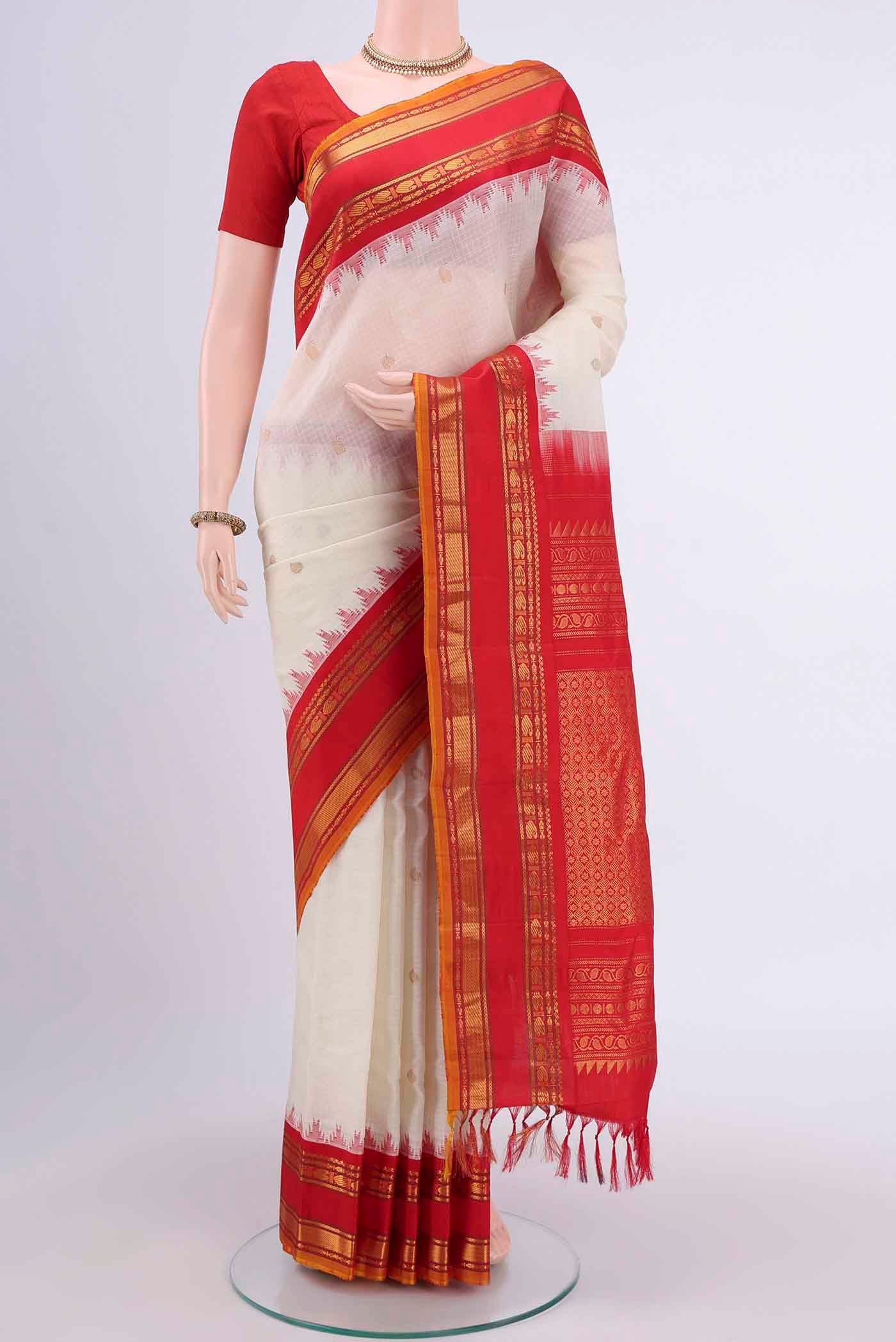 Off White Dual Tone Gadwal cotton Saree with Zari Butta on the body and Zari Border displayed on a mannequin