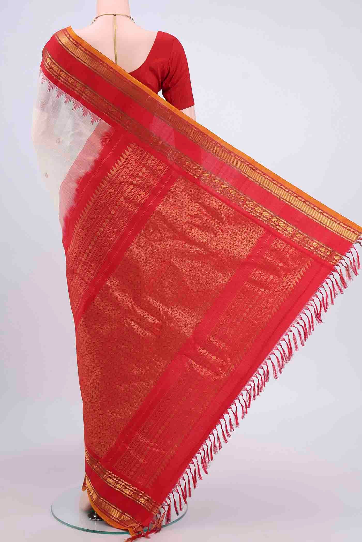 Flat view of Off White Dual Tone Gadwal cotton Saree with Zari Butta on the body and Zari Border