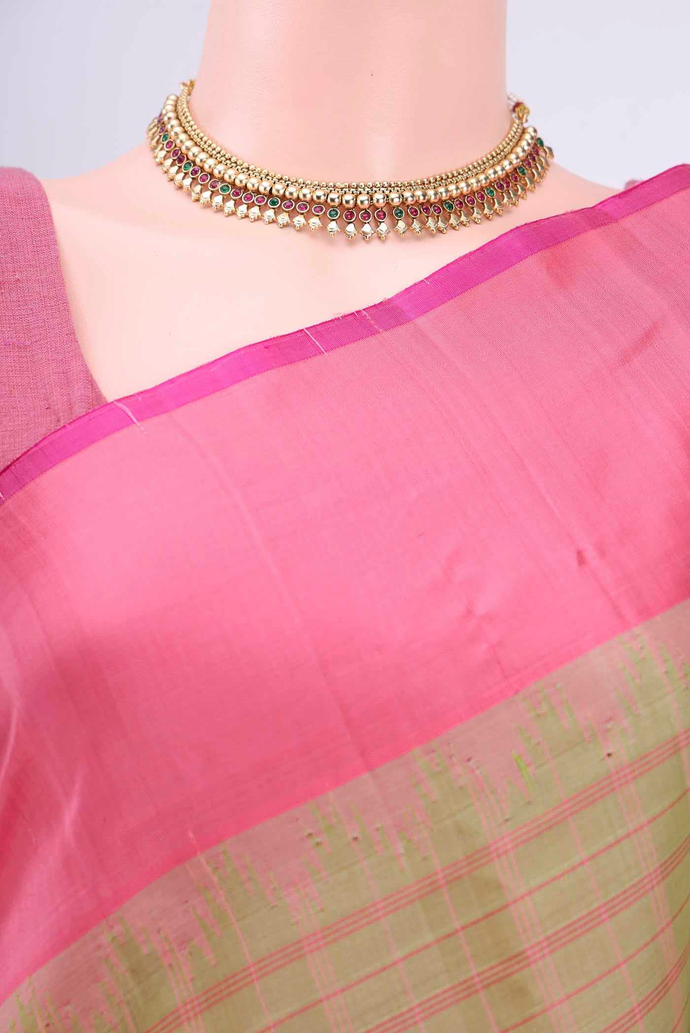 Border image of Green with Pink Color Gadwal Silk Saree with Stripes on the body and Plain Border