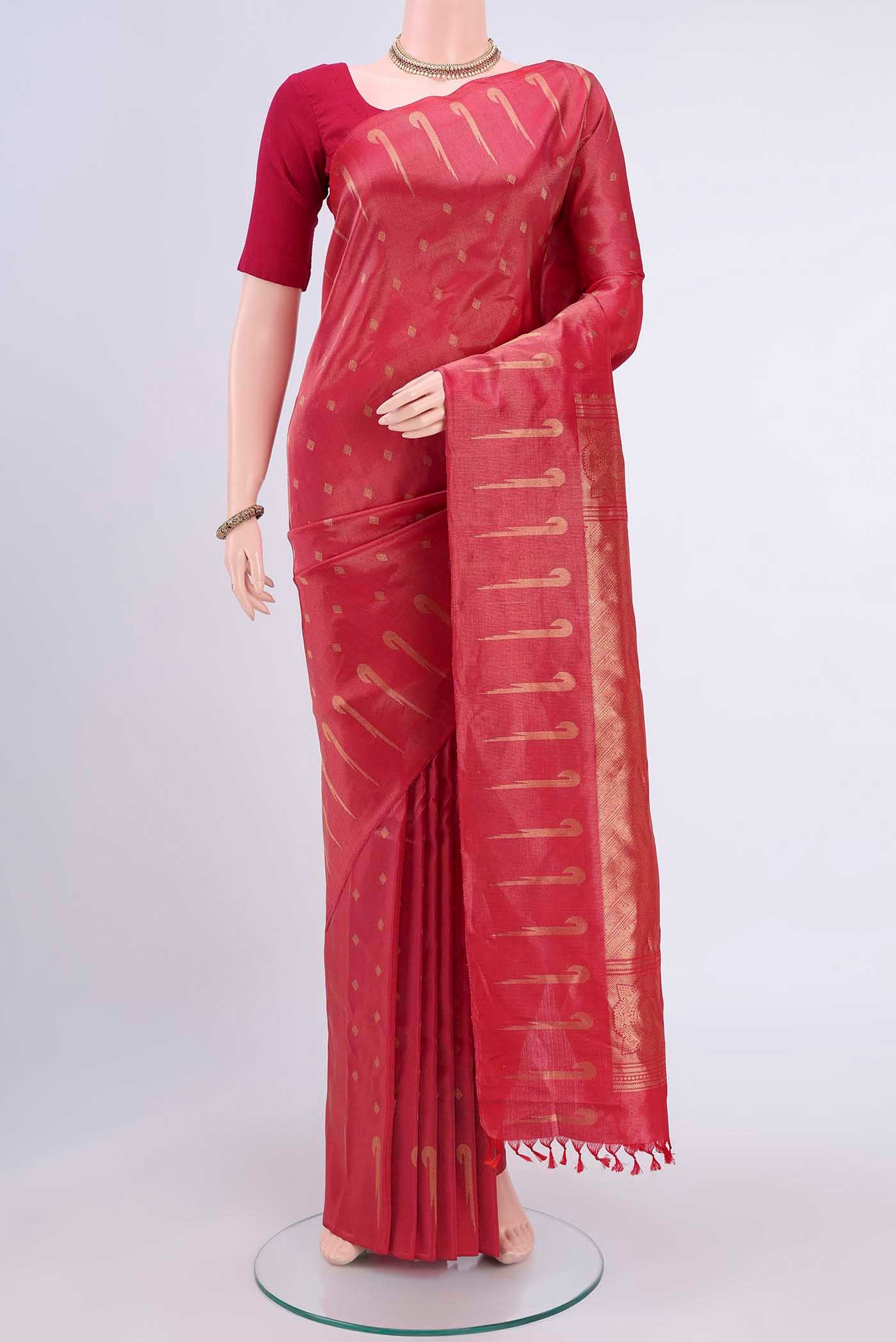 Dark Pink Gadwal Silk Saree with Checked design on the body and Zari Border displayed on a mannequin