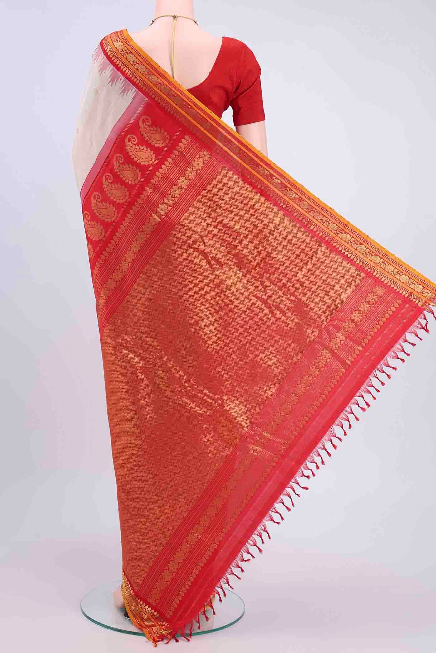 Flat view of Off White Dual Tone Gadwal Silk Saree with Zari Butta on the body and Zari Border