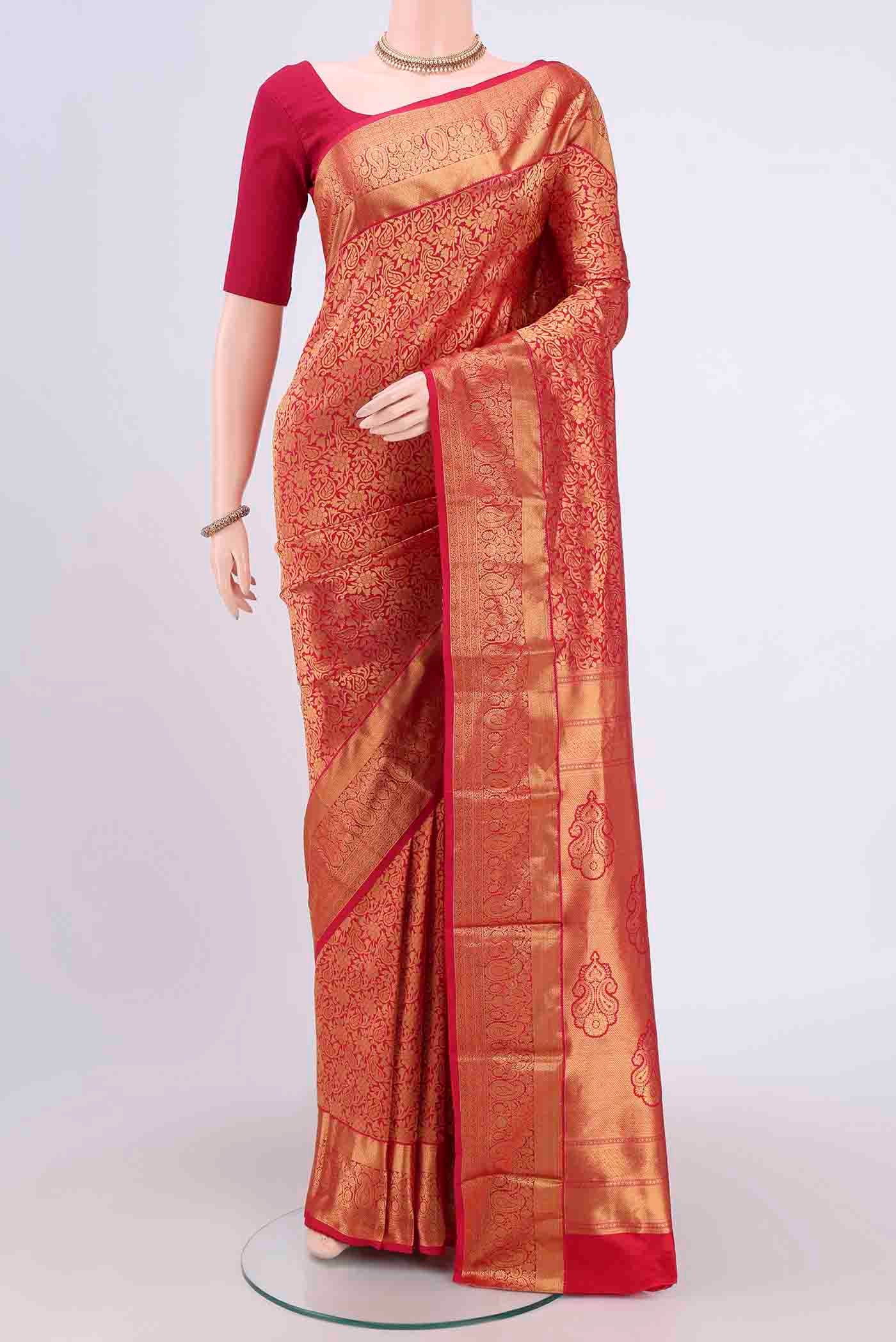 Red Dual Tone Bangalore Silk Saree with Zari Brocade on the body and Zari Border.  displayed on a mannequin