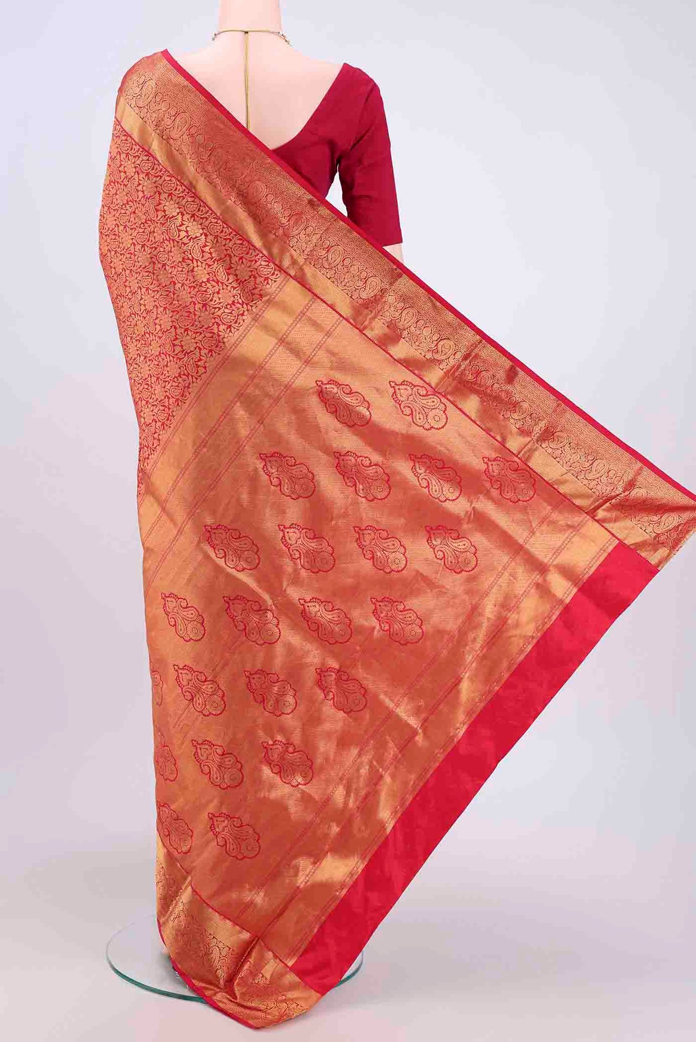 Flat view of Red Dual Tone Bangalore Silk Saree with Zari Brocade on the body and Zari Border. 
