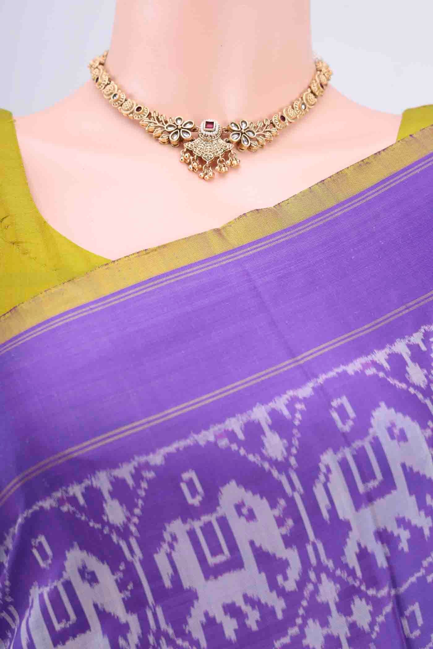Border image of Purple Pochampally Saree with Ikat Print on the body and Ikat Border