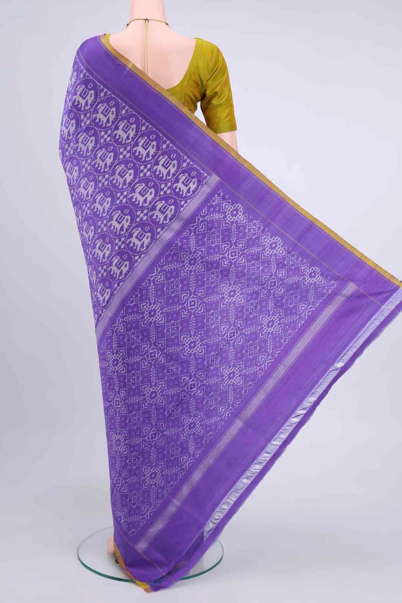 Flat view of Purple Pochampally Saree with Ikat Print on the body and Ikat Border