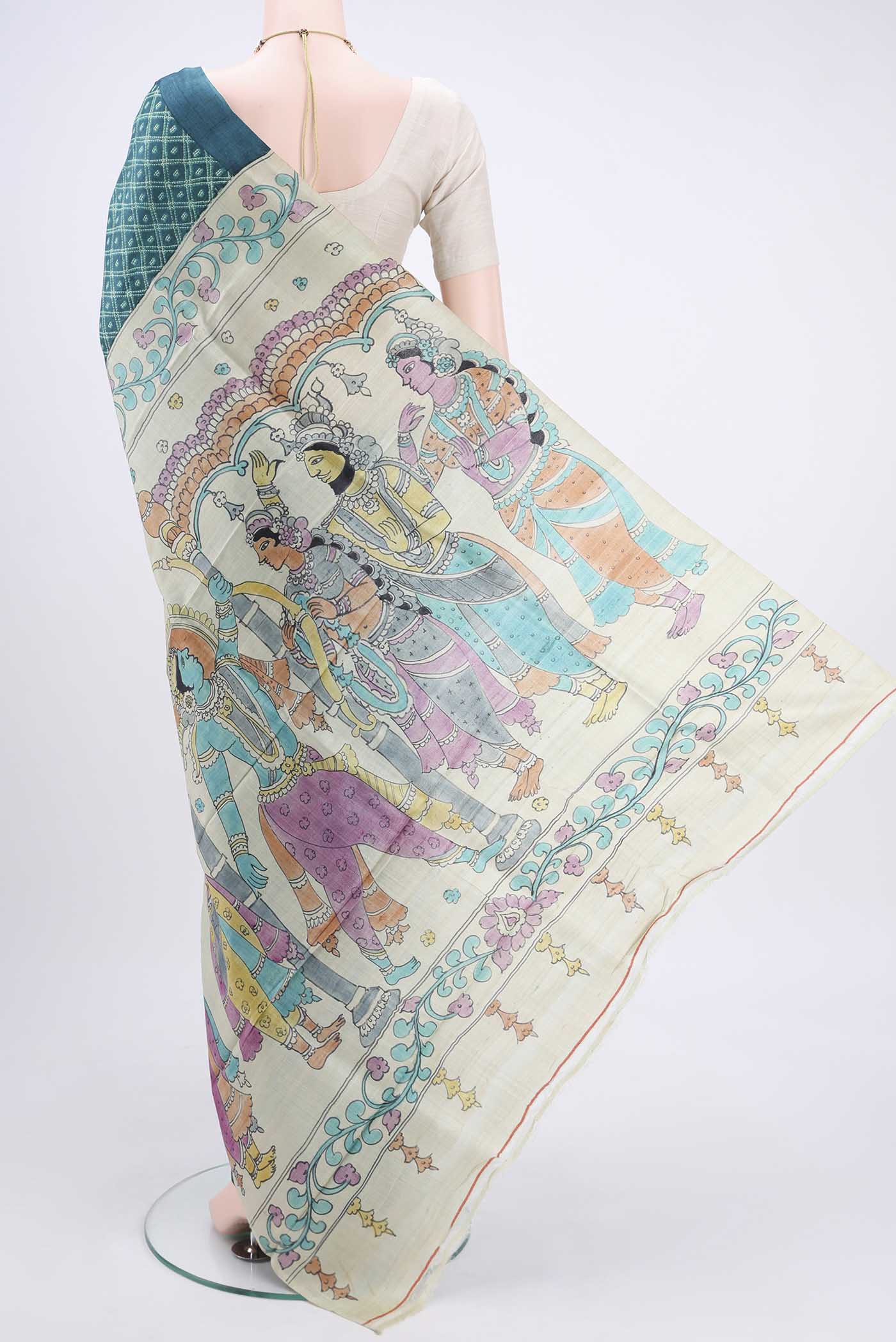 Flat view of Sea Green Printed Silk Saree with Floral Print on the body and Without Border. 