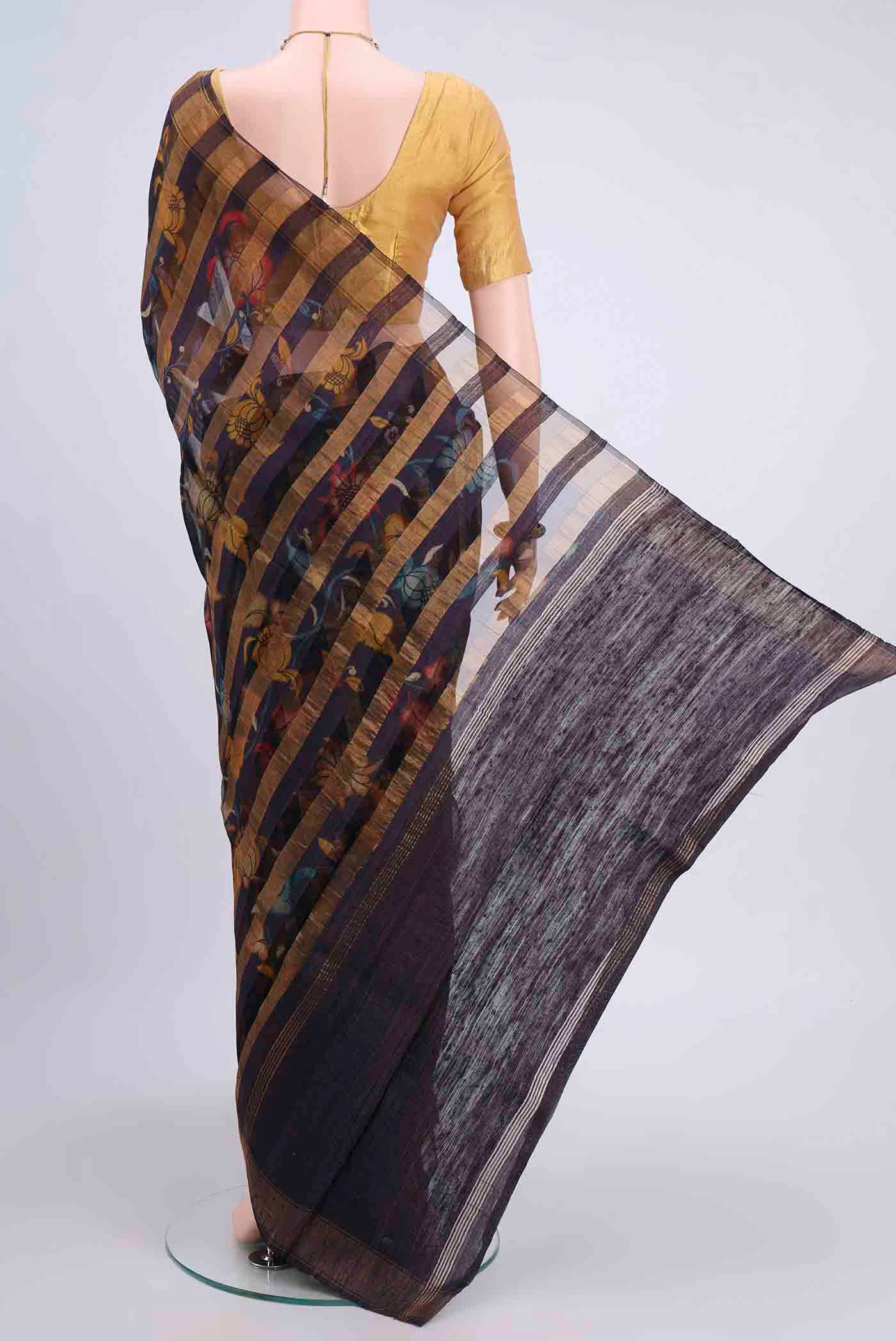 Flat view of Purple Tussar Silk Saree with Floral Print on the body and Zari Border
