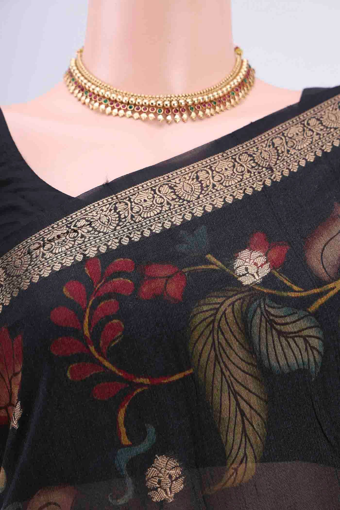 Border image of Black Tussar Silk Saree with Printed design on the body and Printed Border