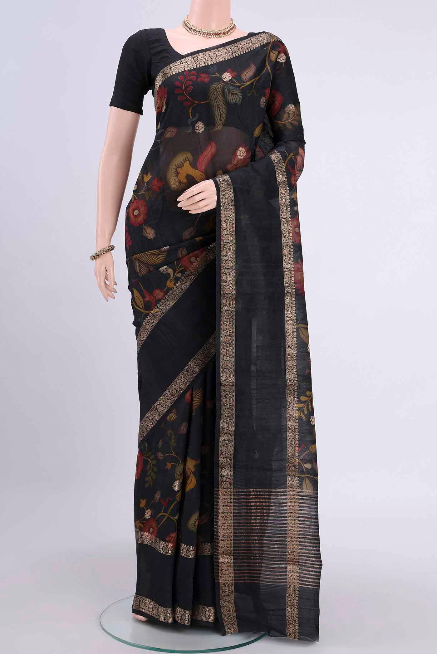 Black Tussar Silk Saree with Printed design on the body and Printed Border displayed on a mannequin