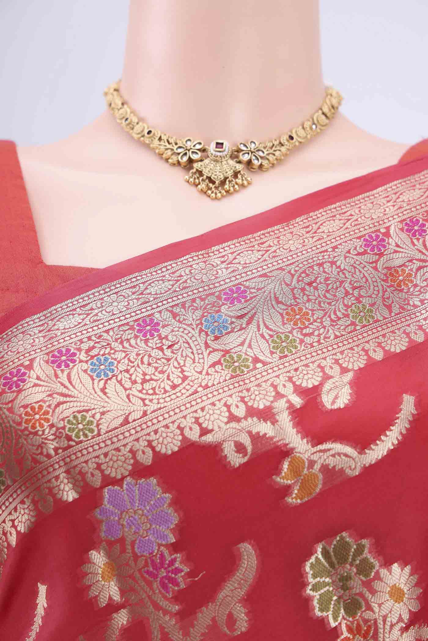 Border image of Imperial Red Banarasi Raw Silk Saree with Zari Butta on the body and Zari Border. 