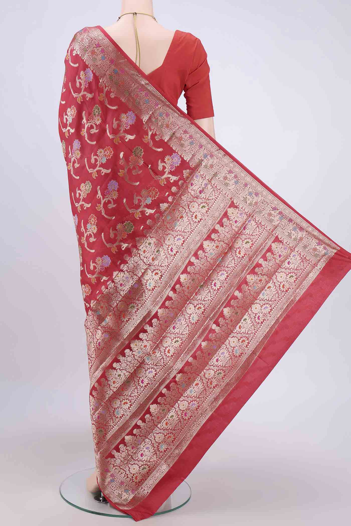 Flat view of Imperial Red Banarasi Raw Silk Saree with Zari Butta on the body and Zari Border. 