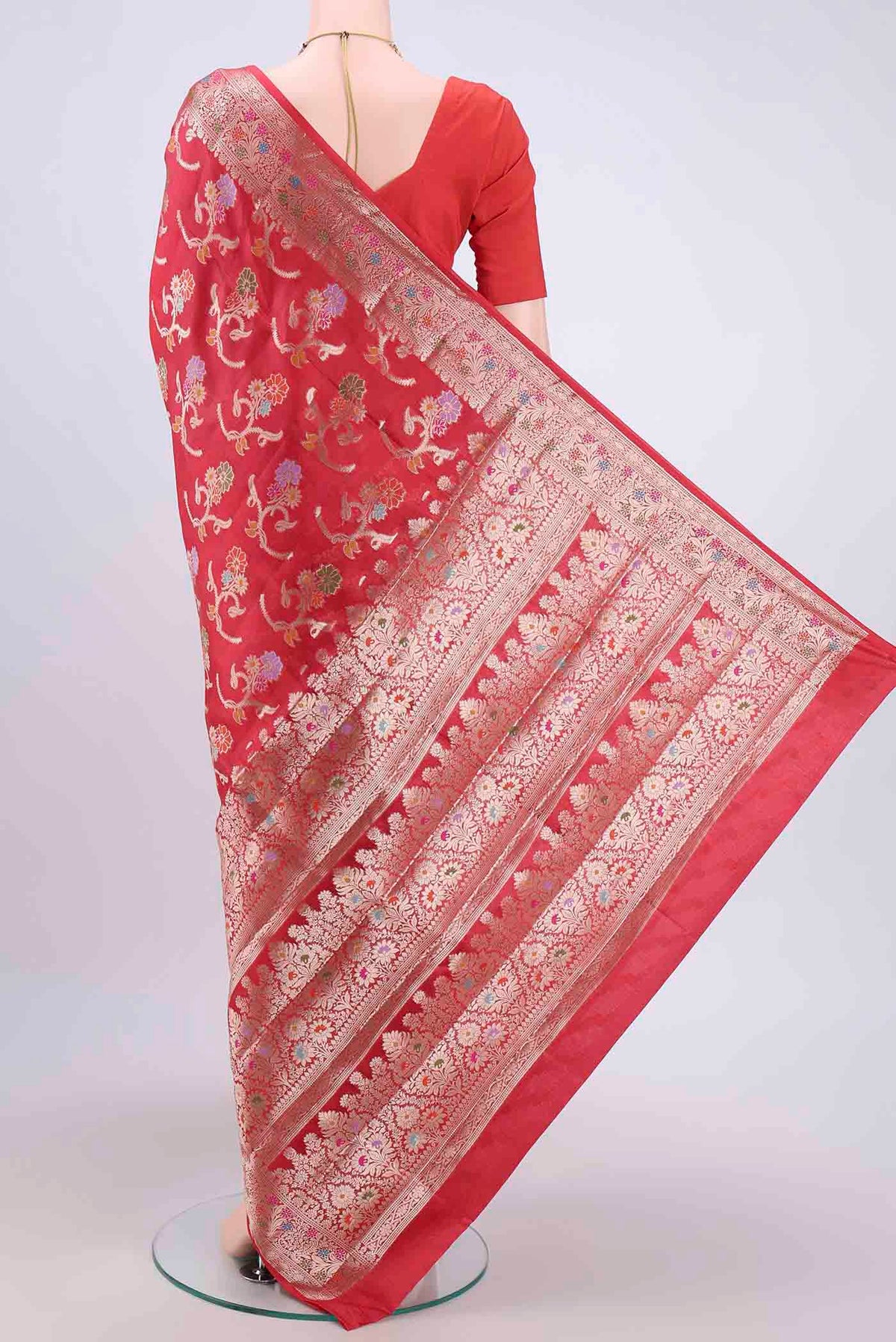 Flat view of Imperial Red Banarasi Raw Silk Saree with Zari Butta on the body and Zari Border. 