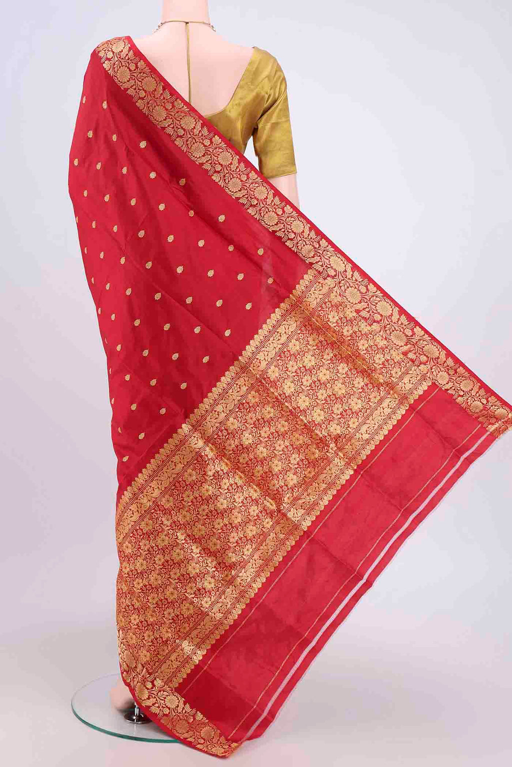 Flat view of Maroon Dual Tone Banarasi Katan Silk Saree with Zari Butta on the body and Zari Border. 