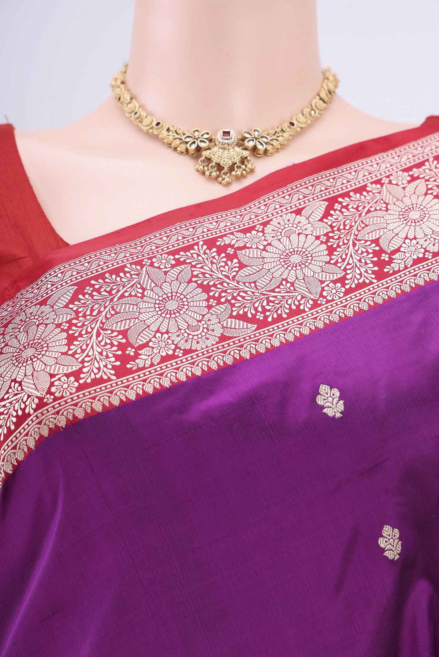 Border image of Magenta Banarasi Katan Silk Saree with Zari Butta on the body and Zari Border. 