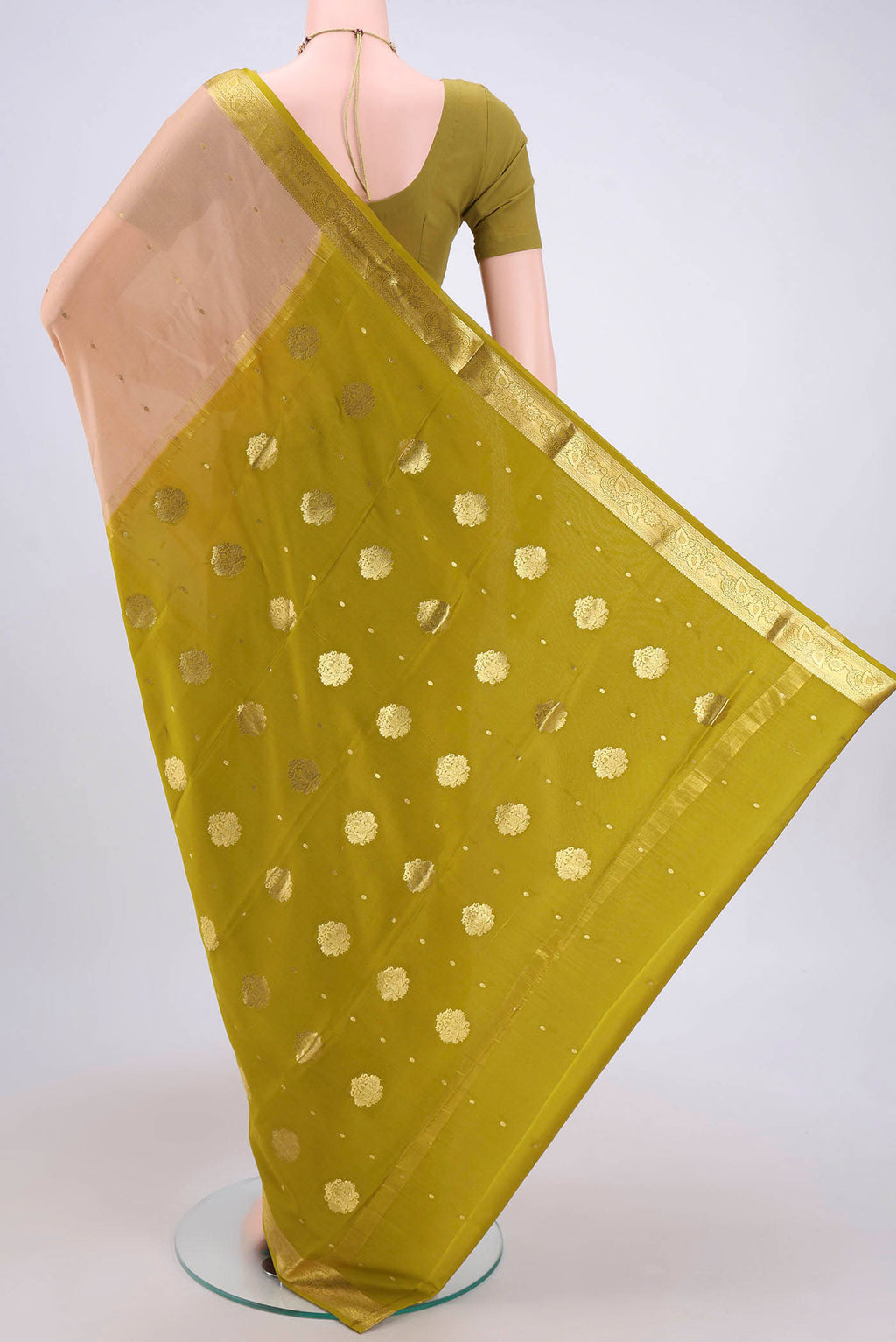 Flat view of Sandal Mysore Crepe Saree with Zari Butta on the body and Zari Border. 