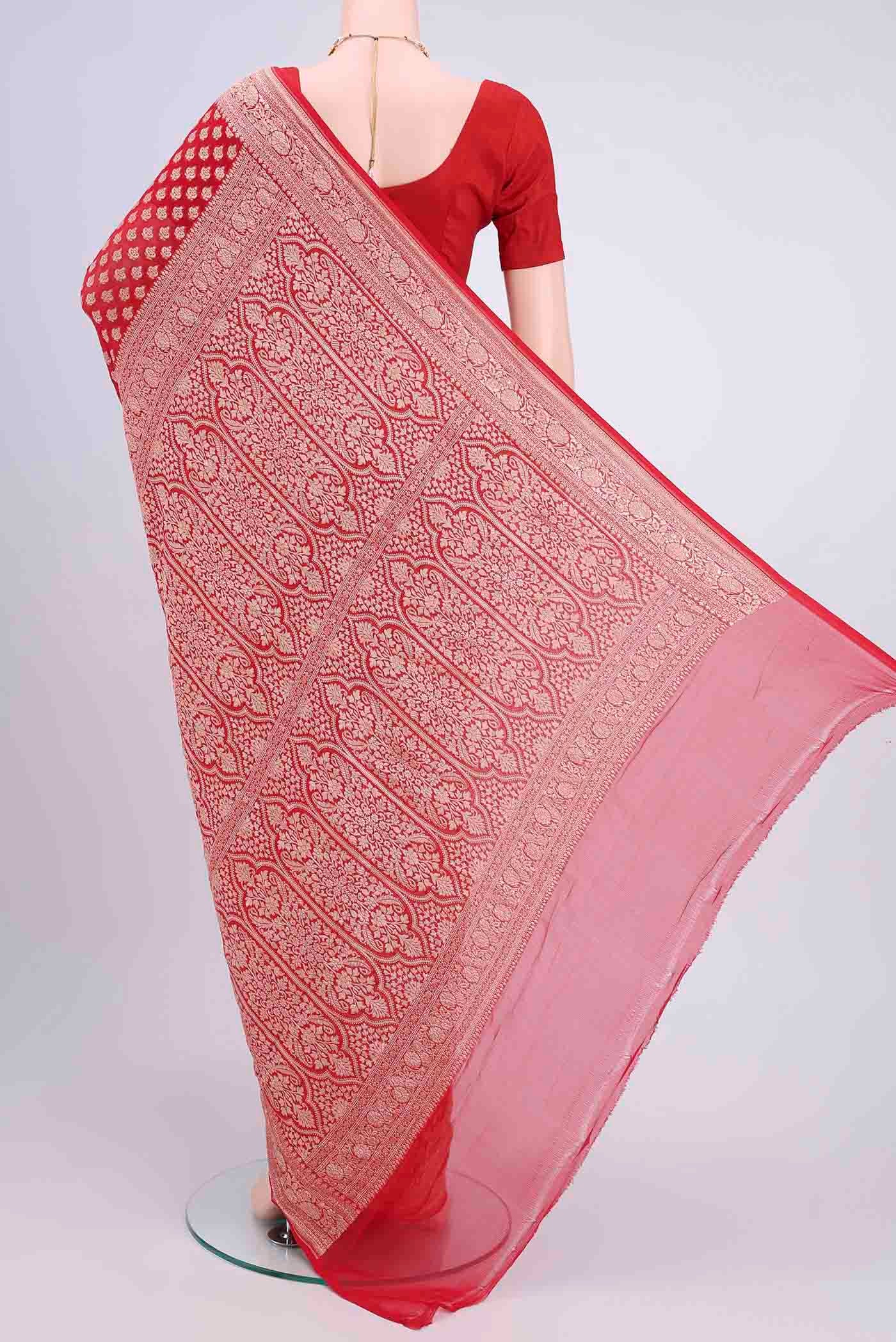 Flat view of Red Banarasi Georgette Saree with Zari Butta on the body and Zari Border