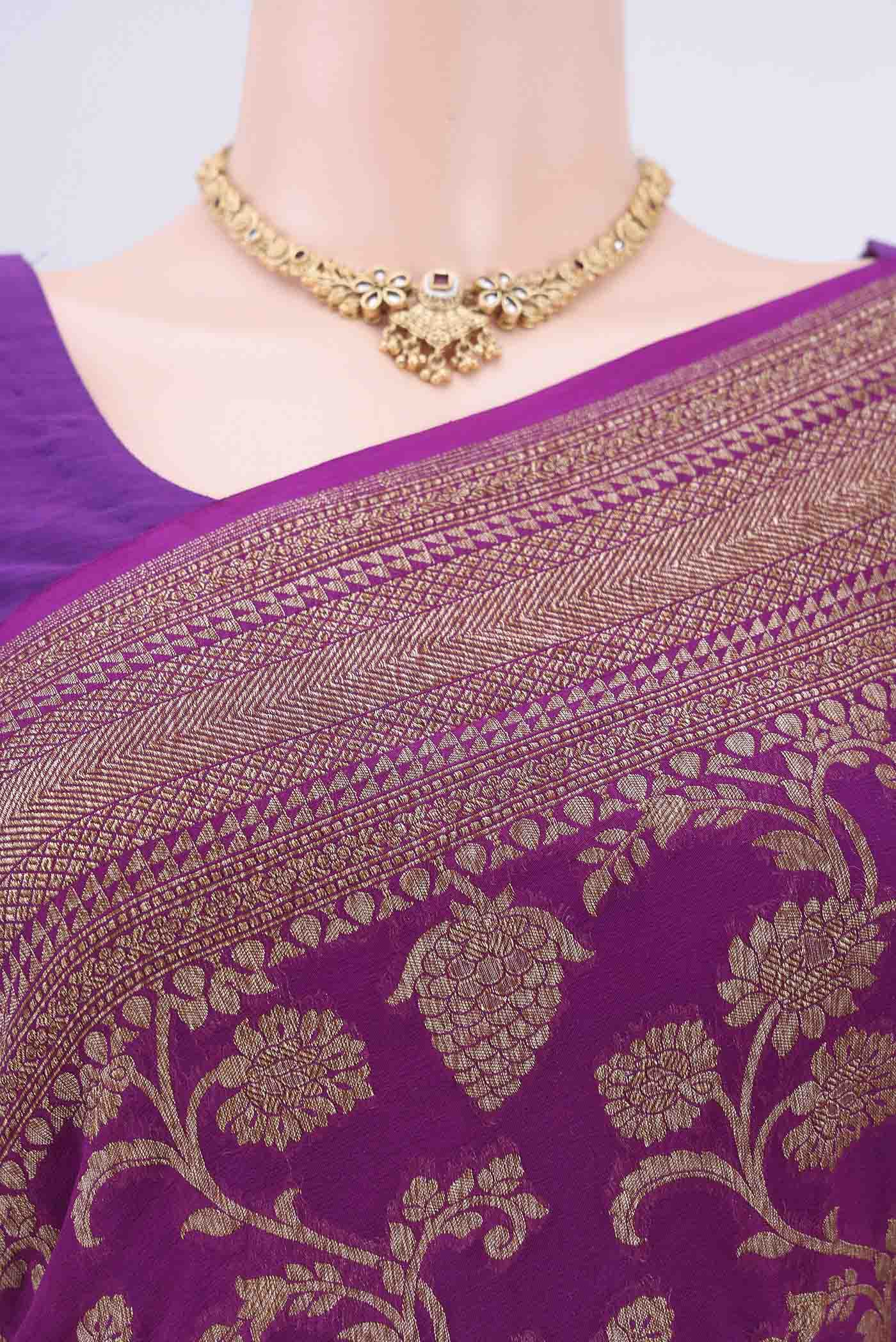 Border image of Purple Banarasi Georgette Saree with Zari Brocade on the body and Zari Border. 