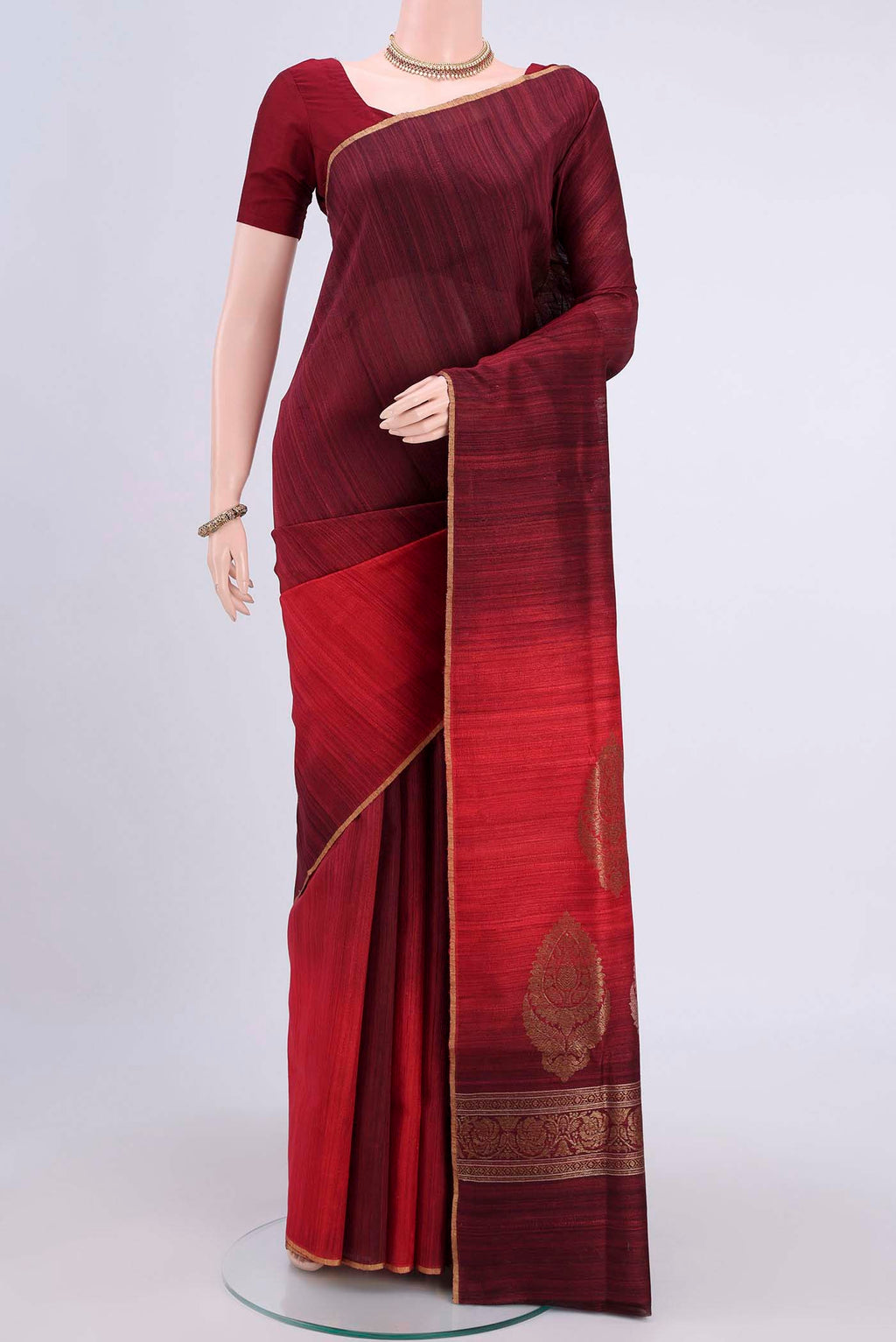 Multi Color Banarasi Tussar Silk Saree with Ombre design on the body and Thin Zari Line displayed on a mannequin