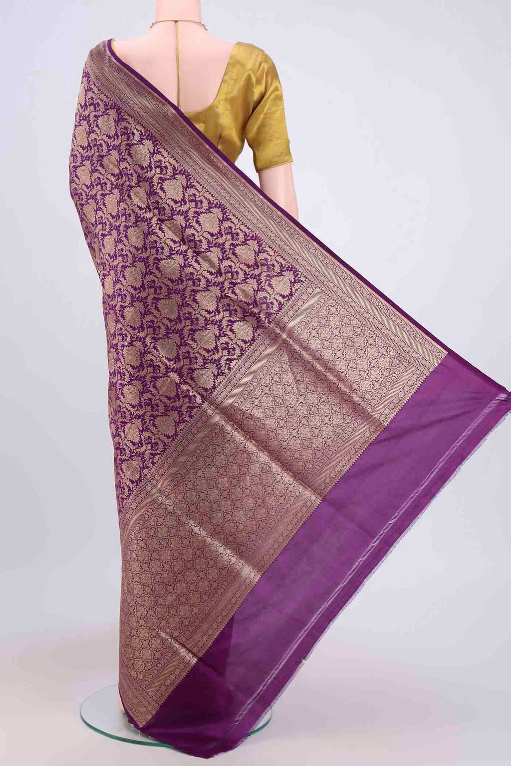 Flat view of Purple Banarasi Jamavar Saree with Zari Brocade on the body and Zari Border. 