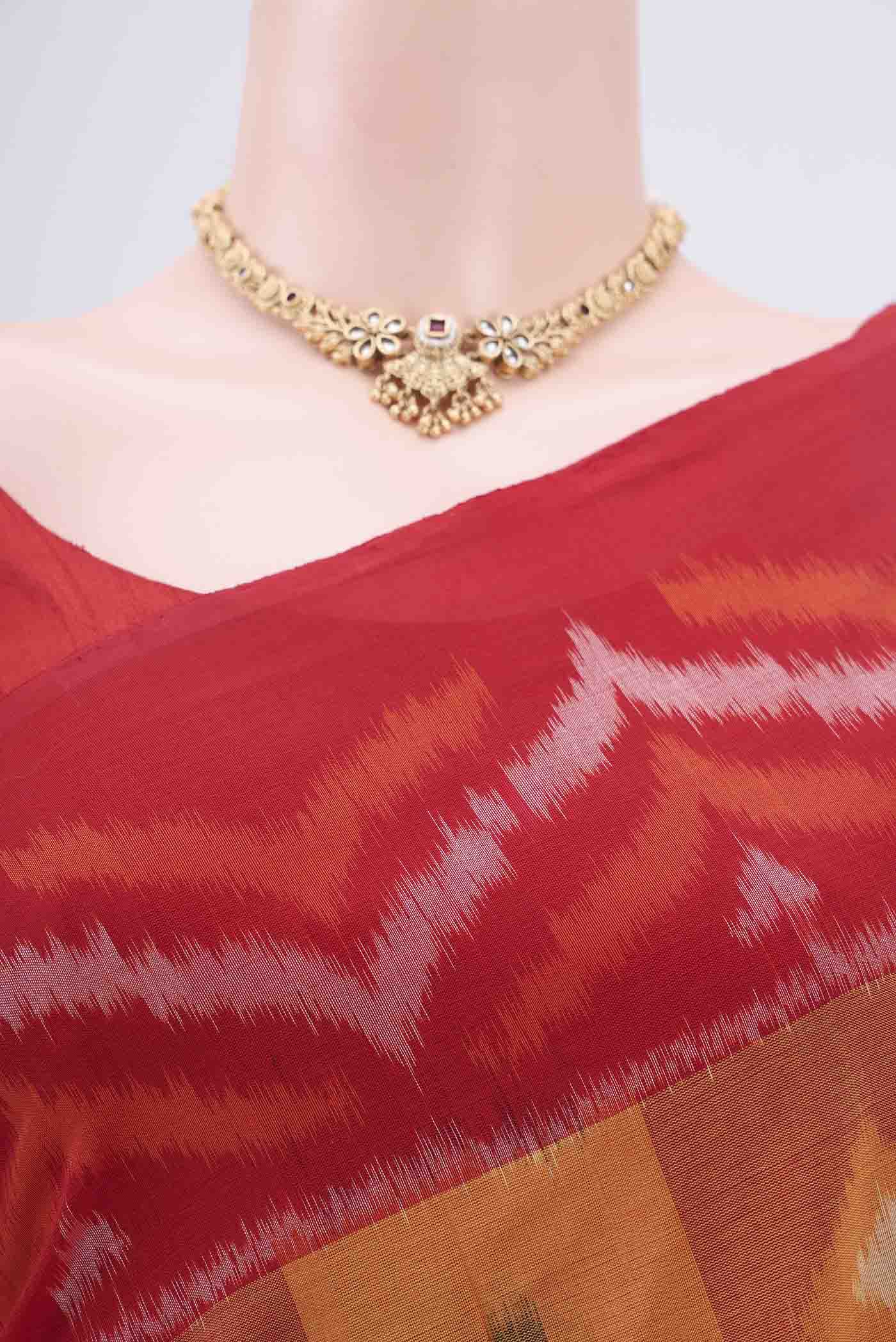 Border image of Mustard Pochampally Cotton Saree with Ikat design on the body and Ikat Border. 