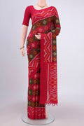 Multi Color Pochampally Cotton Saree with Ikat design on the body and Ikat Border.  displayed on a mannequin