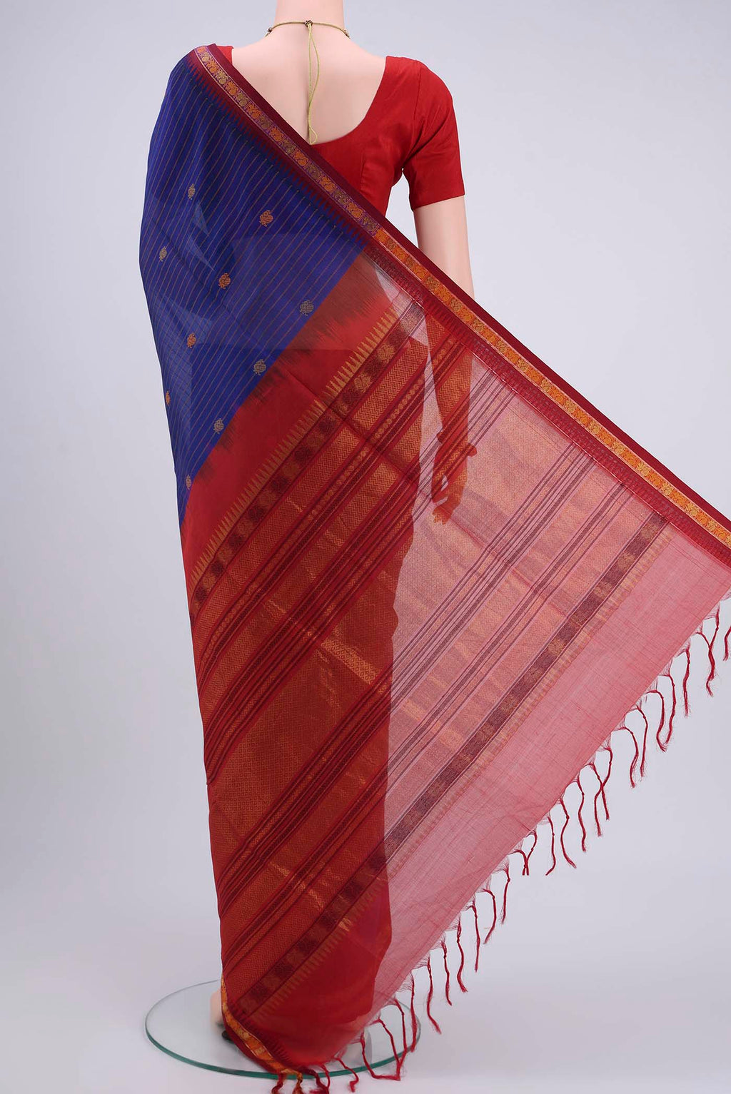 Flat view of Royal Blue Blended Coimbatore Silk Cotton Saree with Stripes on the body and Plain Border. 