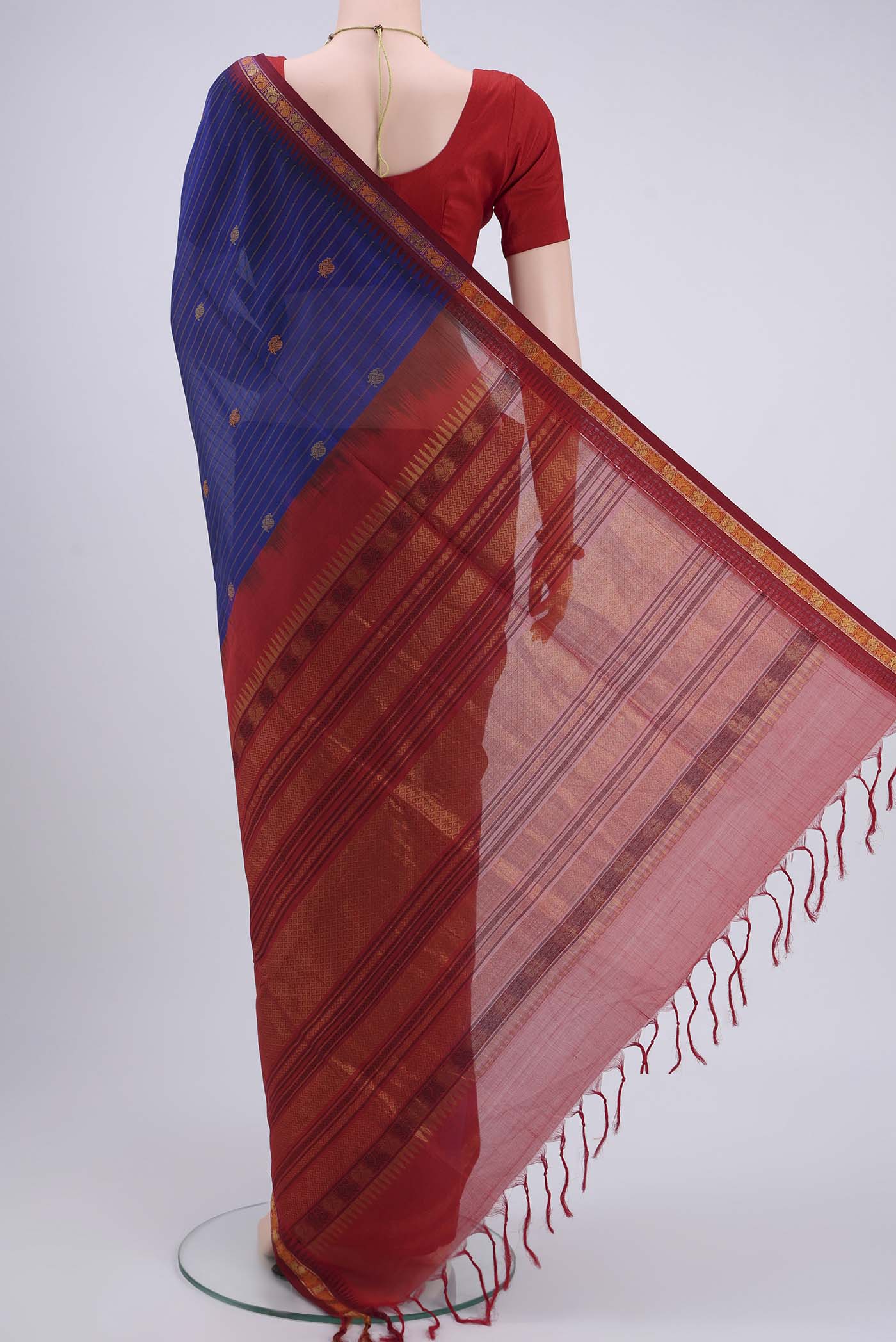 Flat view of Royal Blue Blended Coimbatore Silk Cotton Saree with Stripes on the body and Plain Border. 