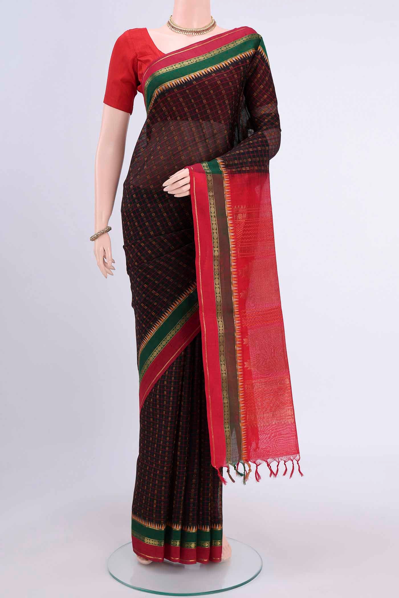Black Blended Coimbatore Silk Cotton Saree with Checked design on the body and Plain Border displayed on a mannequin