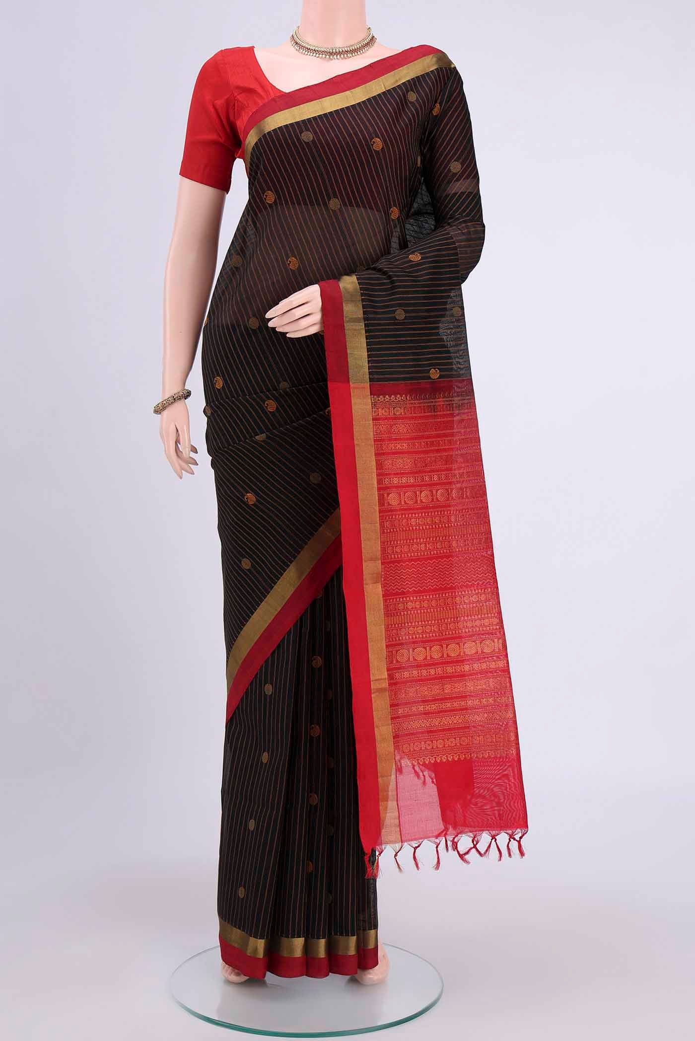 Black Coimbatore Silk Cotton Saree with Stripes on the body and Plain Border displayed on a mannequin