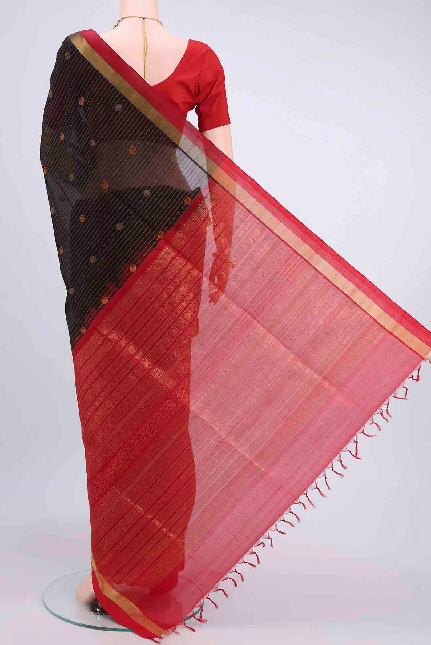Flat view of Black Coimbatore Silk Cotton Saree with Stripes on the body and Plain Border