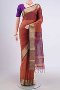 Mustard Maheshwari Silk Cotton Saree with Stripes on the body and Zari Border.  displayed on a mannequin